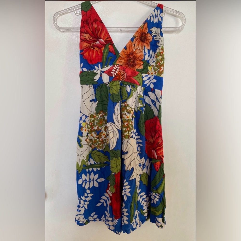 FARM Rio Blue Floral V-Neck Mini Dress with Red & Green Accents